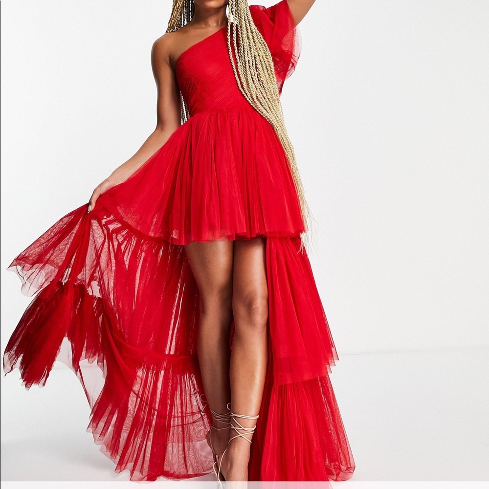 Red One Shoulder Tiered Tulle Maxi Dress